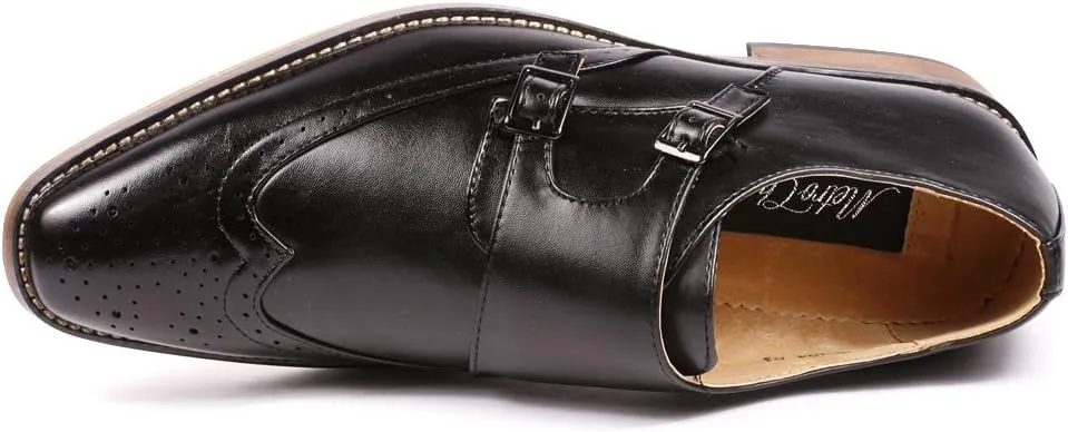 Metrocharm MC104 Men's Double Monk Strap Wing Tip Perforated Slip On Loafers Dress Shoes