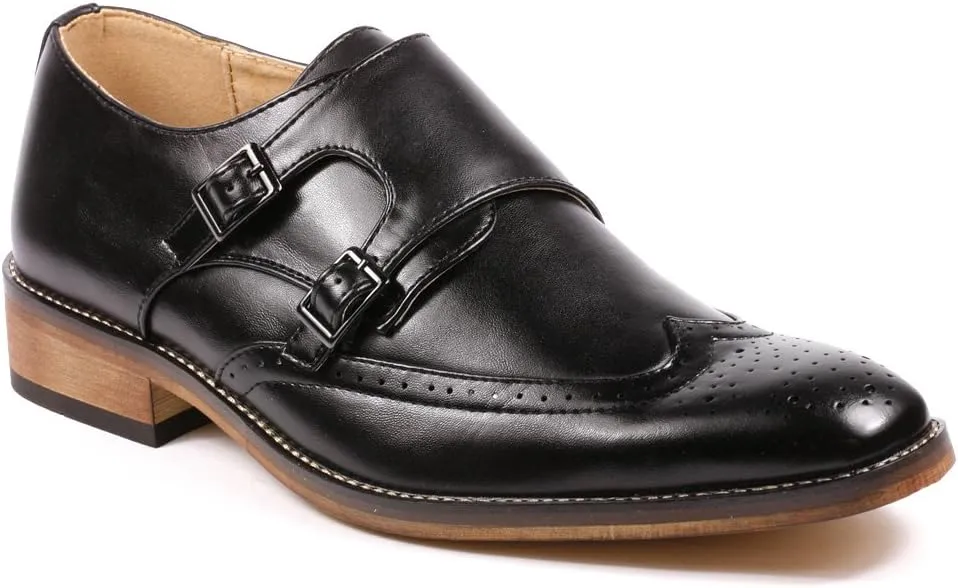 Metrocharm MC104 Men's Double Monk Strap Wing Tip Perforated Slip On Loafers Dress Shoes