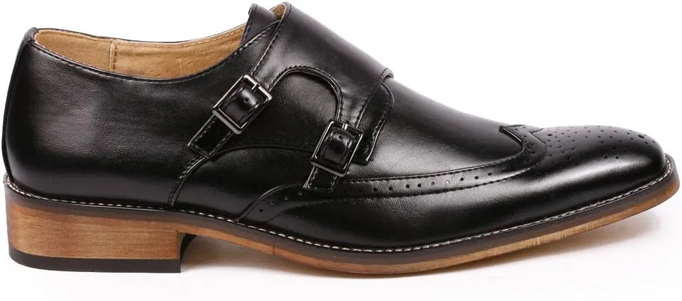 Metrocharm MC104 Men's Double Monk Strap Wing Tip Perforated Slip On Loafers Dress Shoes