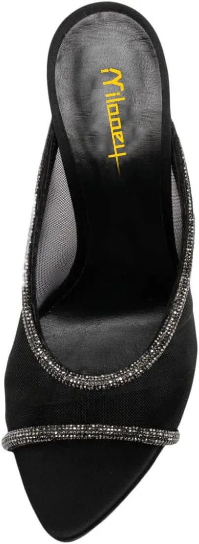 Milooey shoes Rhinestone Studded Slip on Mules Open Toe Sexy Mesh Stiletto High Heels Outdoor Slipper Dressy Shoes Size 4-16 Us