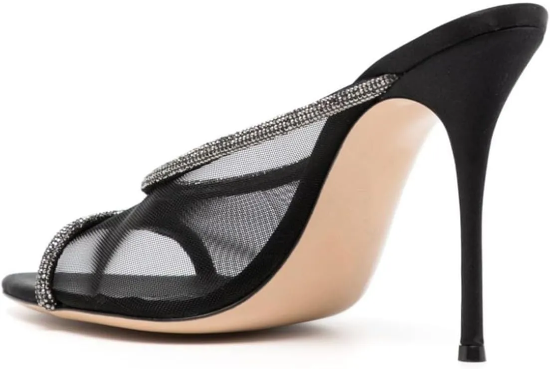 Milooey shoes Rhinestone Studded Slip on Mules Open Toe Sexy Mesh Stiletto High Heels Outdoor Slipper Dressy Shoes Size 4-16 Us