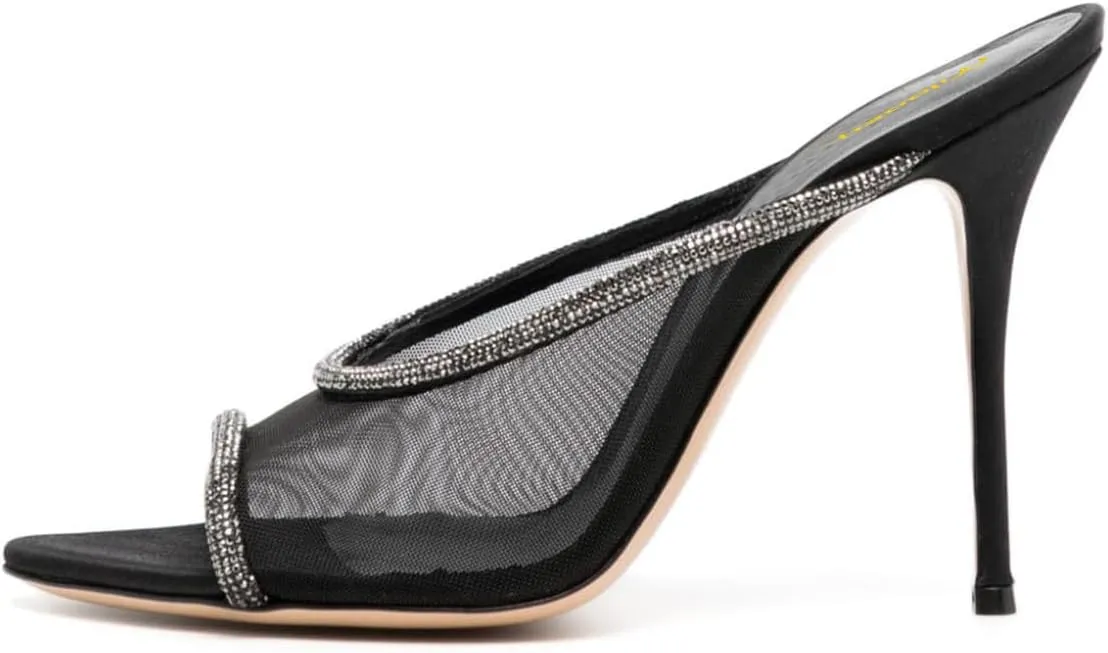 Milooey shoes Rhinestone Studded Slip on Mules Open Toe Sexy Mesh Stiletto High Heels Outdoor Slipper Dressy Shoes Size 4-16 Us