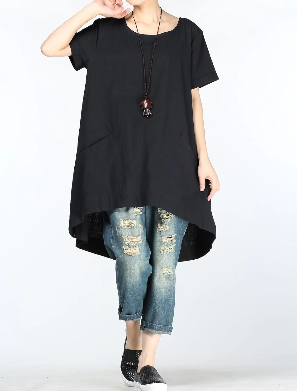 Minibee Women's Cotton Linen Short Sleeve Tunic/Top Tees