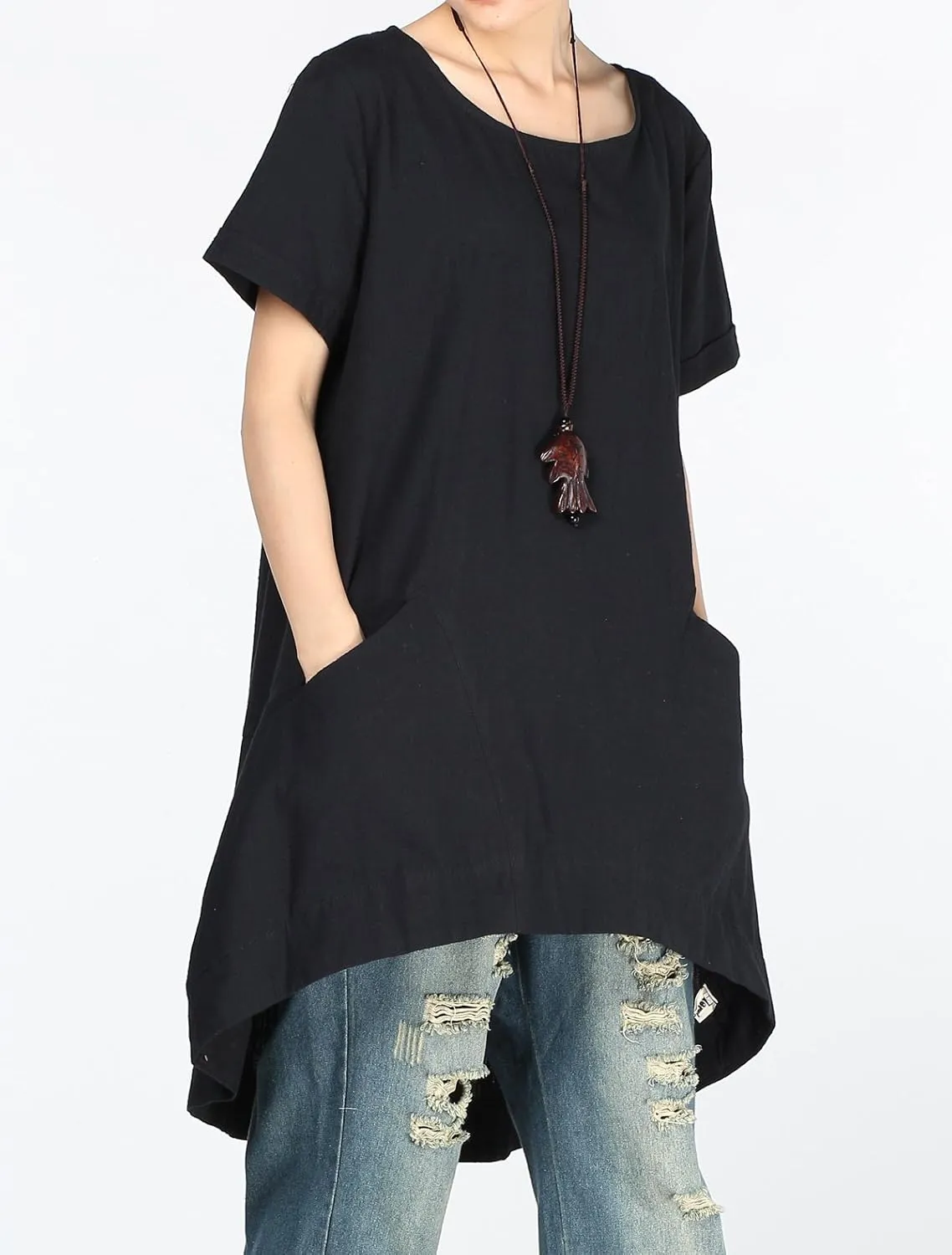 Minibee Women's Cotton Linen Short Sleeve Tunic/Top Tees