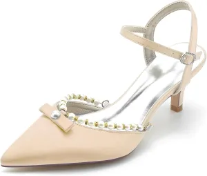Minishion Womens Dressy Shoes for Wedding Slingback Low Heel Evening Formal Pumps Mules with Pearl BR038