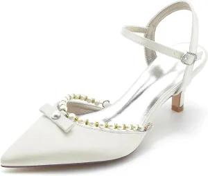 Minishion Womens Dressy Shoes for Wedding Slingback Low Heel Evening Formal Pumps Mules with Pearl BR038