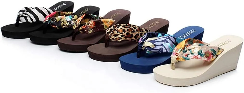 MIOKE Women's Boho Wedge Flip Flops Sandals High Heel Platform Florals Comfy Anti-Slip Summer Beach Thong