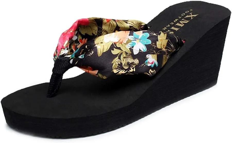 MIOKE Women's Boho Wedge Flip Flops Sandals High Heel Platform Florals Comfy Anti-Slip Summer Beach Thong