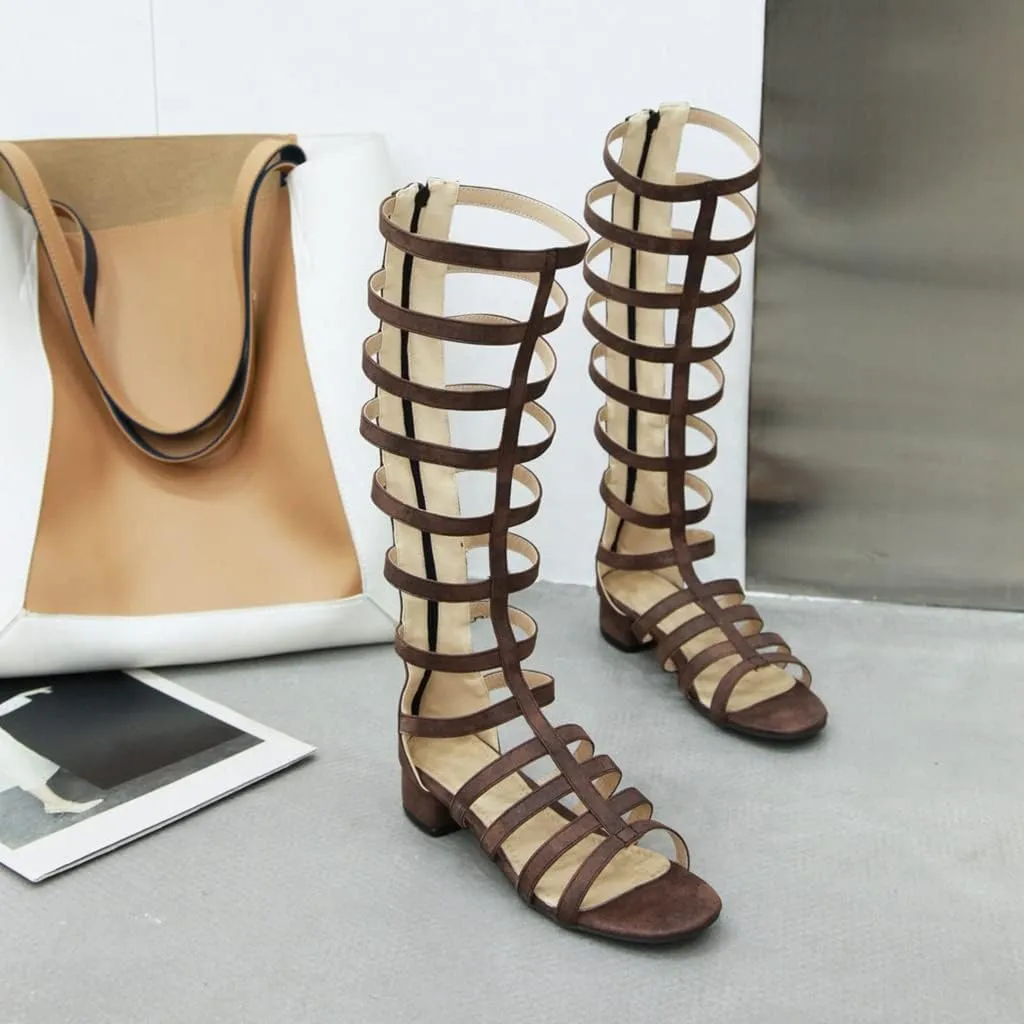 MIOKE Women's Gladiator Knee High Flat Sandals Buckle Strappy Studs Open Toe Zip Summer Wide Caged Boots