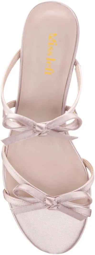 miss left Women Open Round Toe Two Bowknots Satin Mules Block Low Heel Slip on Trendy Summer Party Casual Sandals Size 4-16 US