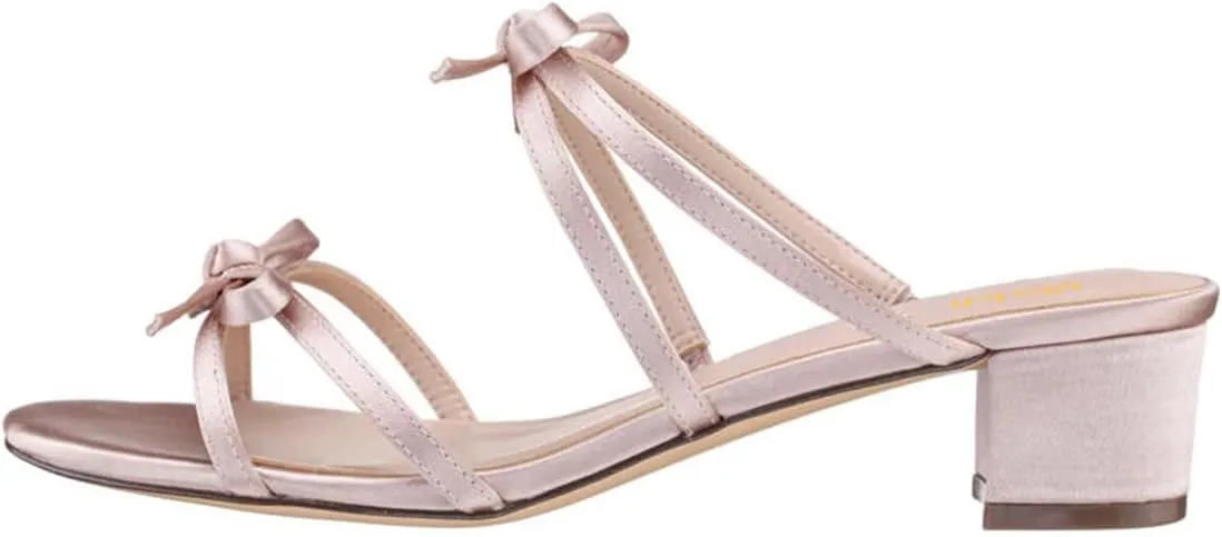 miss left Women Open Round Toe Two Bowknots Satin Mules Block Low Heel Slip on Trendy Summer Party Casual Sandals Size 4-16 US