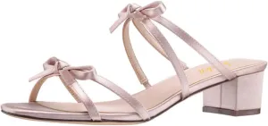 miss left Women Open Round Toe Two Bowknots Satin Mules Block Low Heel Slip on Trendy Summer Party Casual Sandals Size 4-16 US