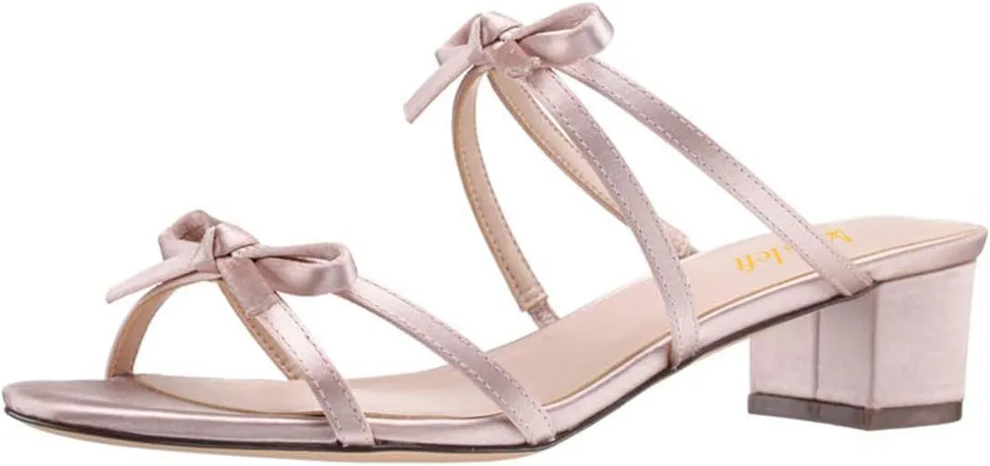 miss left Women Open Round Toe Two Bowknots Satin Mules Block Low Heel Slip on Trendy Summer Party Casual Sandals Size 4-16 US