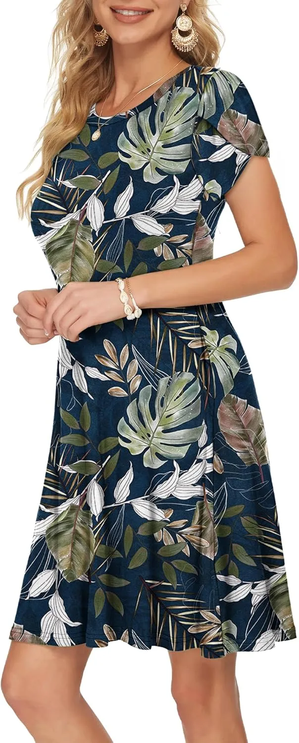 MOLERANI Summer Dresses for Women 2024 Casual T Shirt Crewneck Petal Sleeve Swing Vacation Dress with Pockets