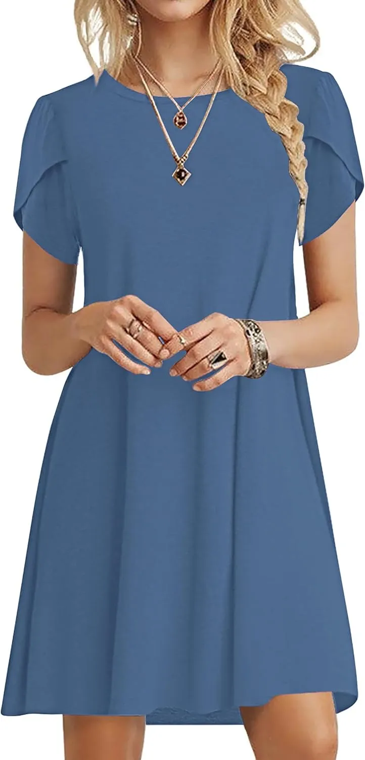 MOLERANI Summer Dresses for Women 2024 Casual T Shirt Crewneck Petal Sleeve Swing Vacation Dress with Pockets