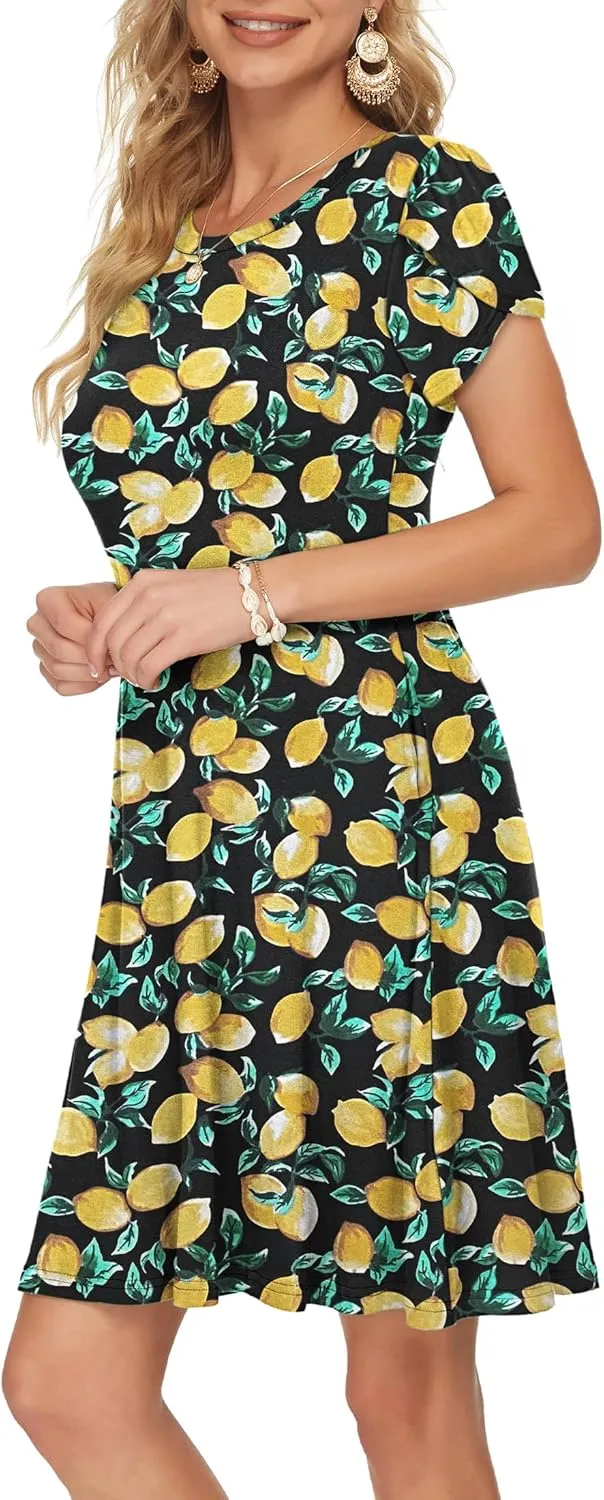 MOLERANI Summer Dresses for Women 2024 Casual T Shirt Crewneck Petal Sleeve Swing Vacation Dress with Pockets