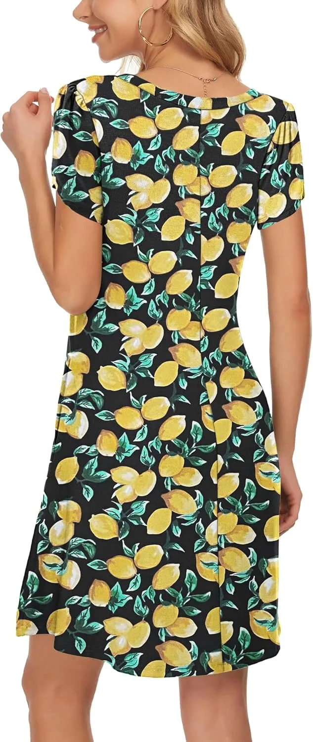 MOLERANI Summer Dresses for Women 2024 Casual T Shirt Crewneck Petal Sleeve Swing Vacation Dress with Pockets