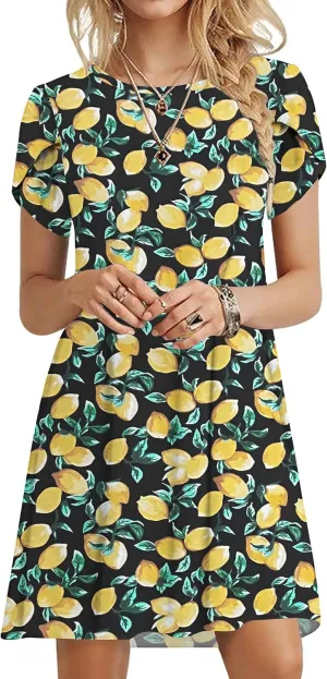 MOLERANI Summer Dresses for Women 2024 Casual T Shirt Crewneck Petal Sleeve Swing Vacation Dress with Pockets