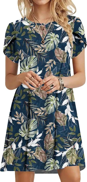 MOLERANI Summer Dresses for Women 2024 Casual T Shirt Crewneck Petal Sleeve Swing Vacation Dress with Pockets
