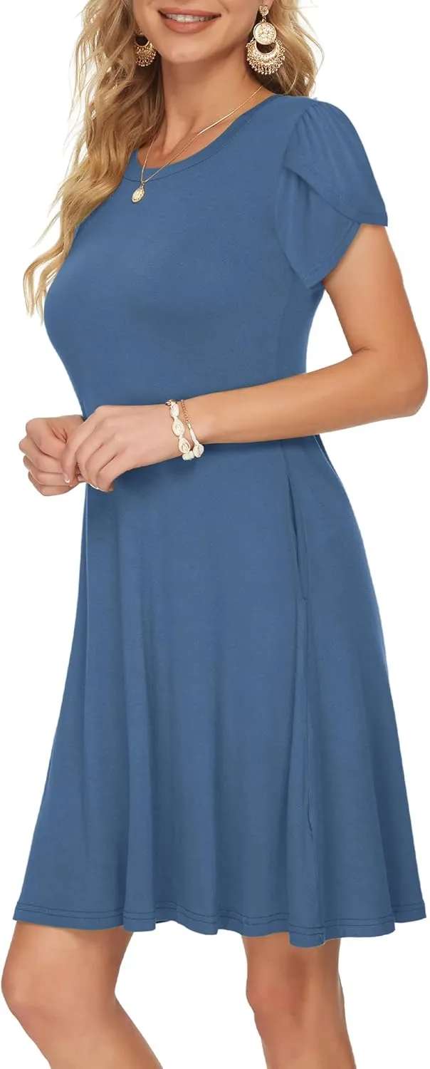 MOLERANI Summer Dresses for Women 2024 Casual T Shirt Crewneck Petal Sleeve Swing Vacation Dress with Pockets
