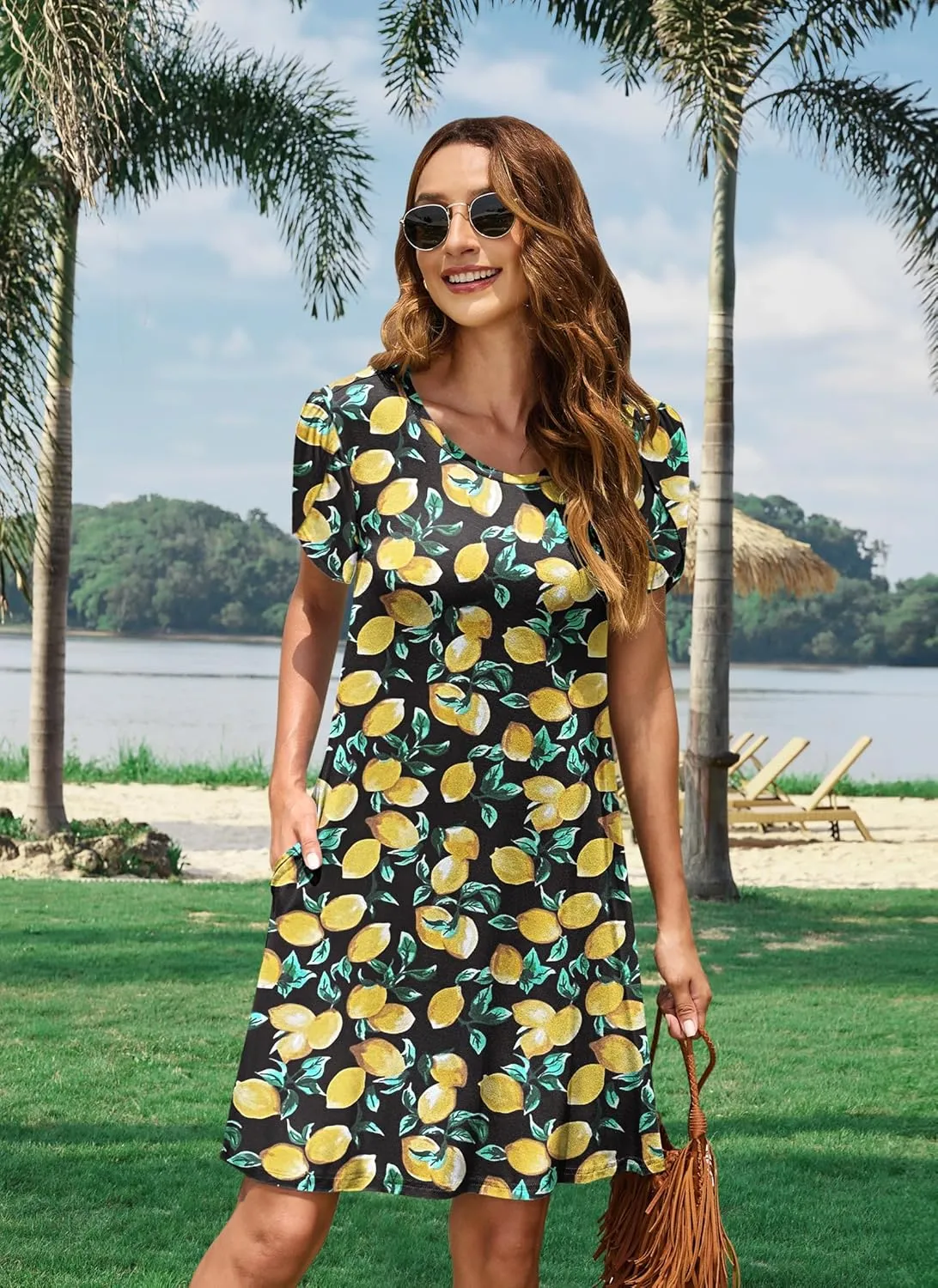 MOLERANI Summer Dresses for Women 2024 Casual T Shirt Crewneck Petal Sleeve Swing Vacation Dress with Pockets