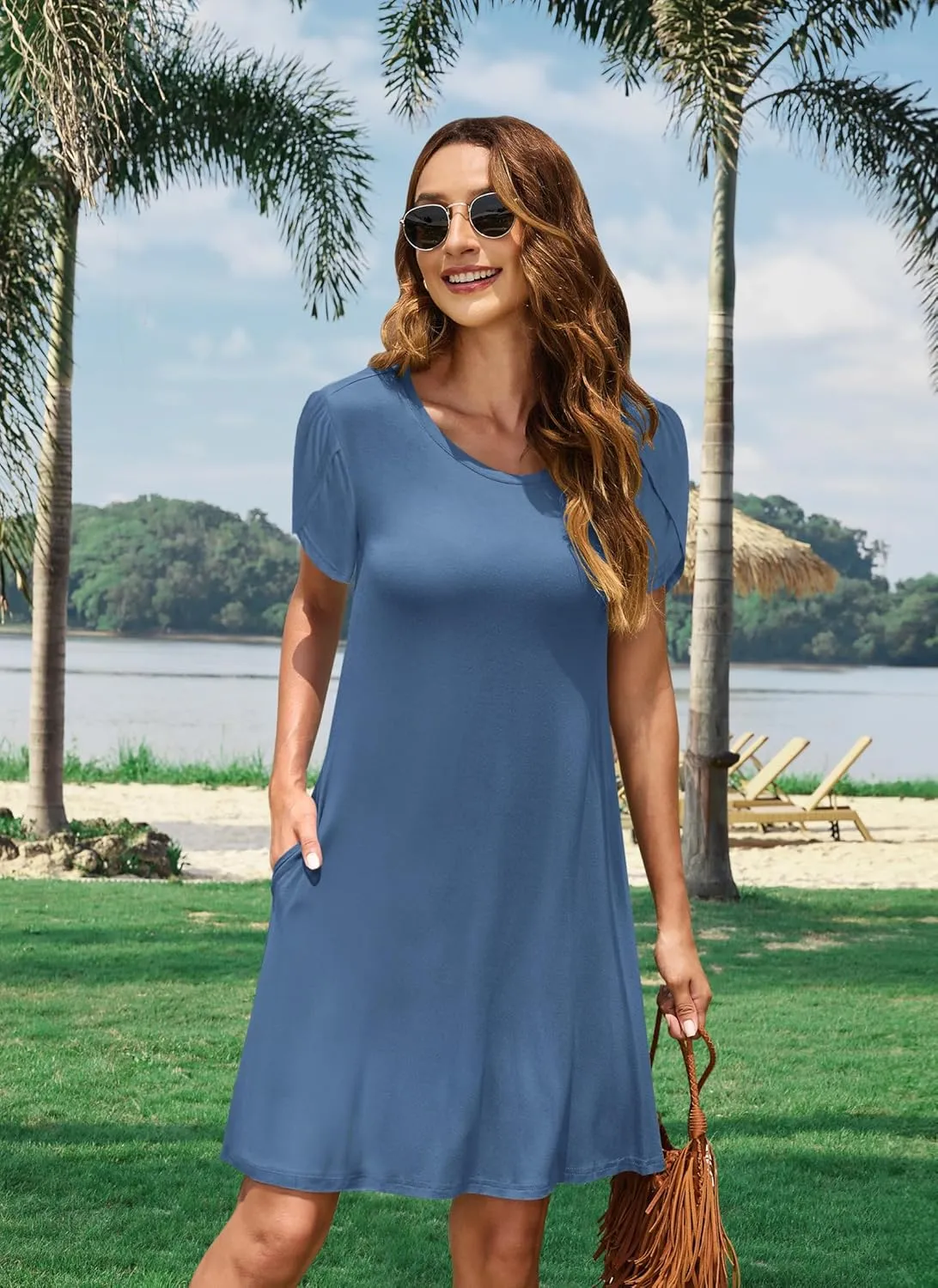 MOLERANI Summer Dresses for Women 2024 Casual T Shirt Crewneck Petal Sleeve Swing Vacation Dress with Pockets