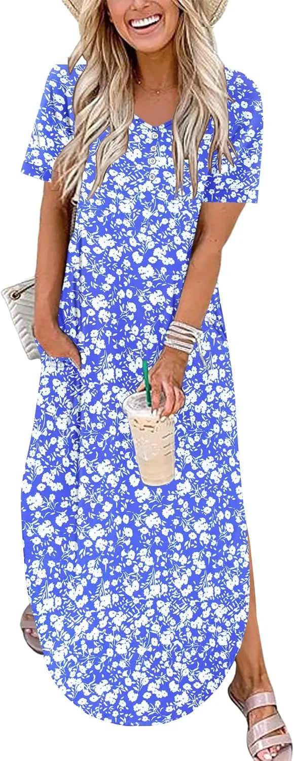 MOLERANI Women's Summer Maxi Dress 2025 Short Sleeve V Neck Casual Loose Sundress Long Beach Split Dresses with Pockets