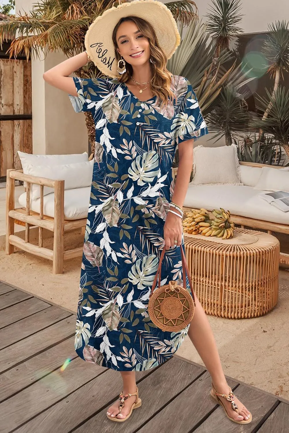 MOLERANI Women's Summer Maxi Dress 2025 Short Sleeve V Neck Casual Loose Sundress Long Beach Split Dresses with Pockets