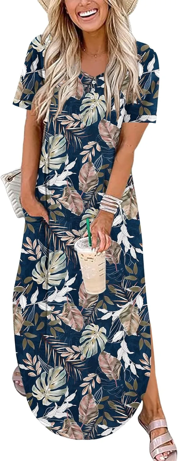 MOLERANI Women's Summer Maxi Dress 2025 Short Sleeve V Neck Casual Loose Sundress Long Beach Split Dresses with Pockets