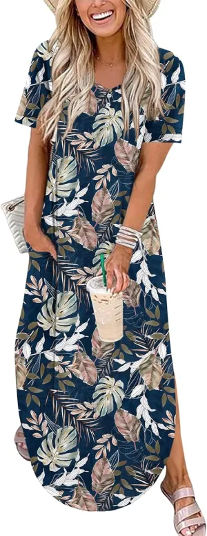 MOLERANI Women's Summer Maxi Dress 2025 Short Sleeve V Neck Casual Loose Sundress Long Beach Split Dresses with Pockets