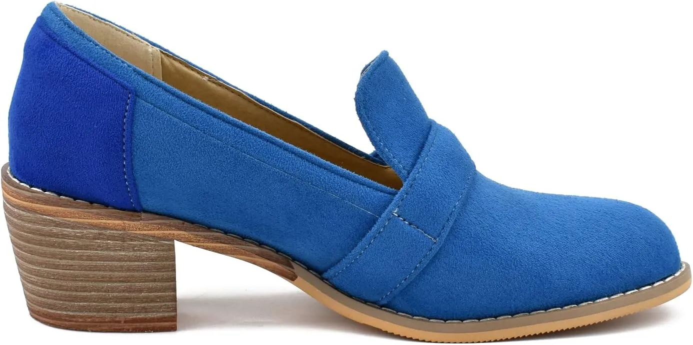MOOMMO Women Chunky Stacked Heel Loafers Pumps Round Closed Toe Slip On Suede Penny Loafer Two-Toned Plus Size 4-14 M US
