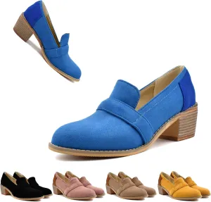 MOOMMO Women Chunky Stacked Heel Loafers Pumps Round Closed Toe Slip On Suede Penny Loafer Two-Toned Plus Size 4-14 M US