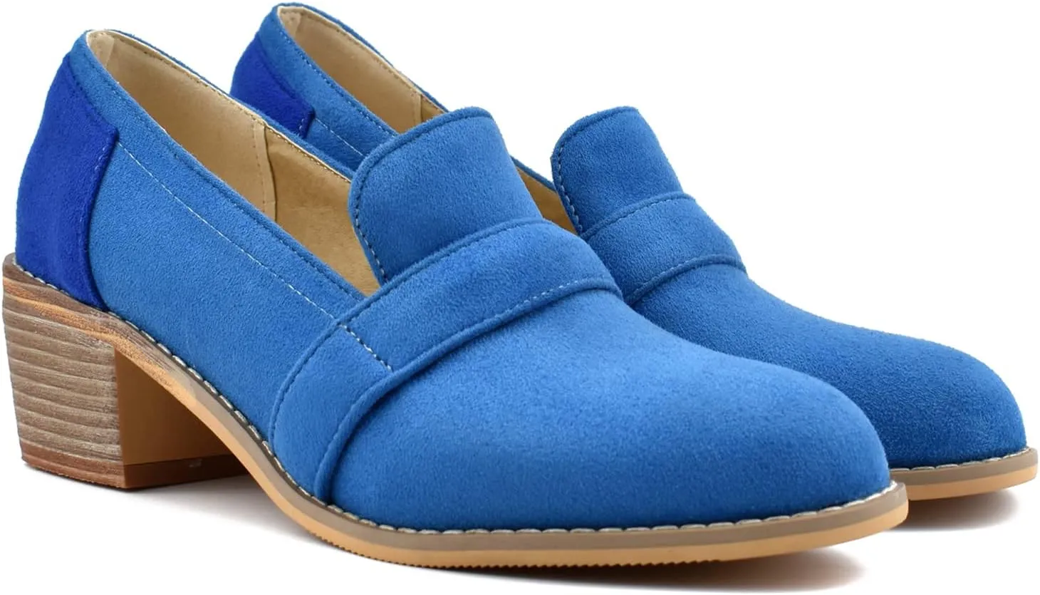 MOOMMO Women Chunky Stacked Heel Loafers Pumps Round Closed Toe Slip On Suede Penny Loafer Two-Toned Plus Size 4-14 M US