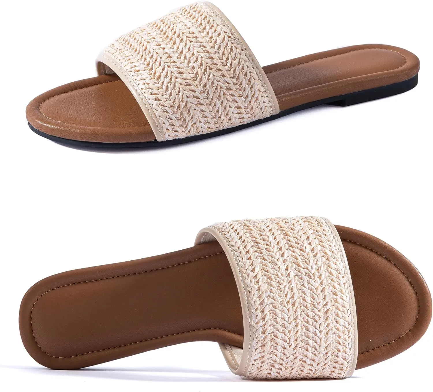 Mtzyoa Women Flat Sandals Braided Leather Nude Summer Dressy Fashion Evening Party Wedding Sandals