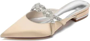 Mules for Women Flats Comfortable Pointed Closed Toe Women Mules Toe Pull On Bridal Shoes Ballet Flats Satin Rhinestone Flat Heel