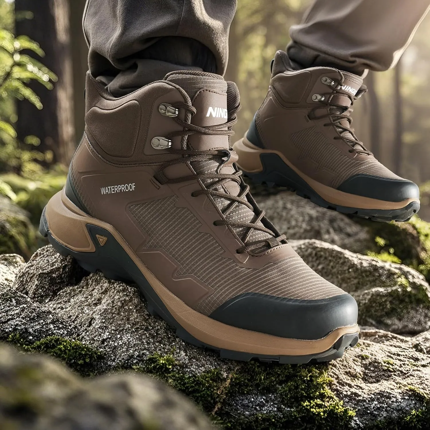 NINGO Men's Hiking Boots Waterproof Hiking Shoes Trail Shoes Lightweight Trekking Boots Comfortable Breathable Outdoor Boot Mid Ankle Boot for Camping, Backpacking, Mountain Trails