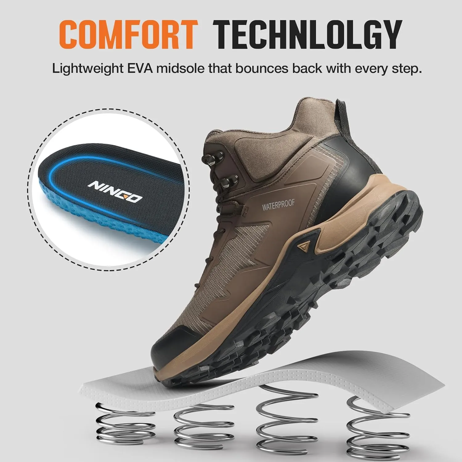 NINGO Men's Hiking Boots Waterproof Hiking Shoes Trail Shoes Lightweight Trekking Boots Comfortable Breathable Outdoor Boot Mid Ankle Boot for Camping, Backpacking, Mountain Trails