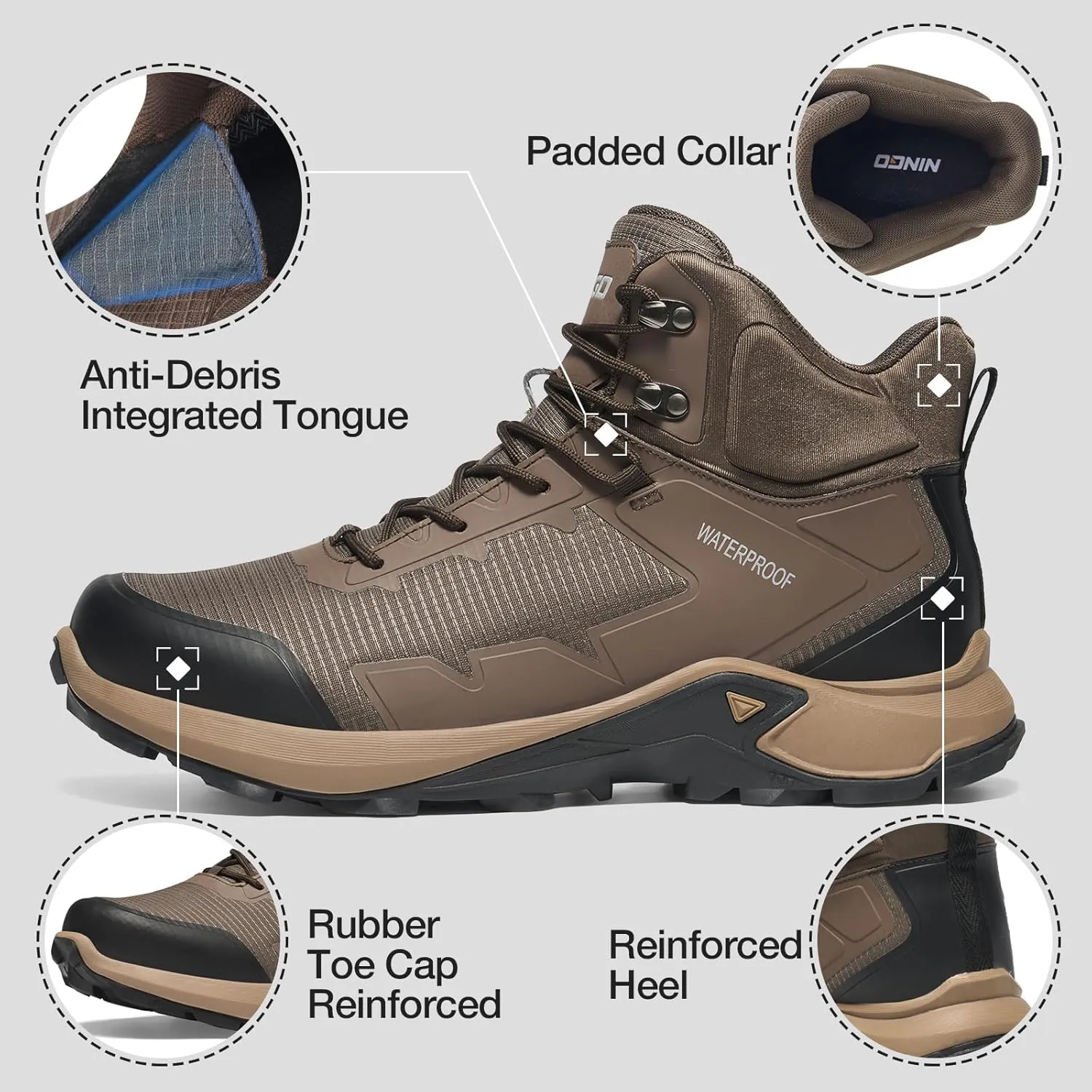 NINGO Men's Hiking Boots Waterproof Hiking Shoes Trail Shoes Lightweight Trekking Boots Comfortable Breathable Outdoor Boot Mid Ankle Boot for Camping, Backpacking, Mountain Trails
