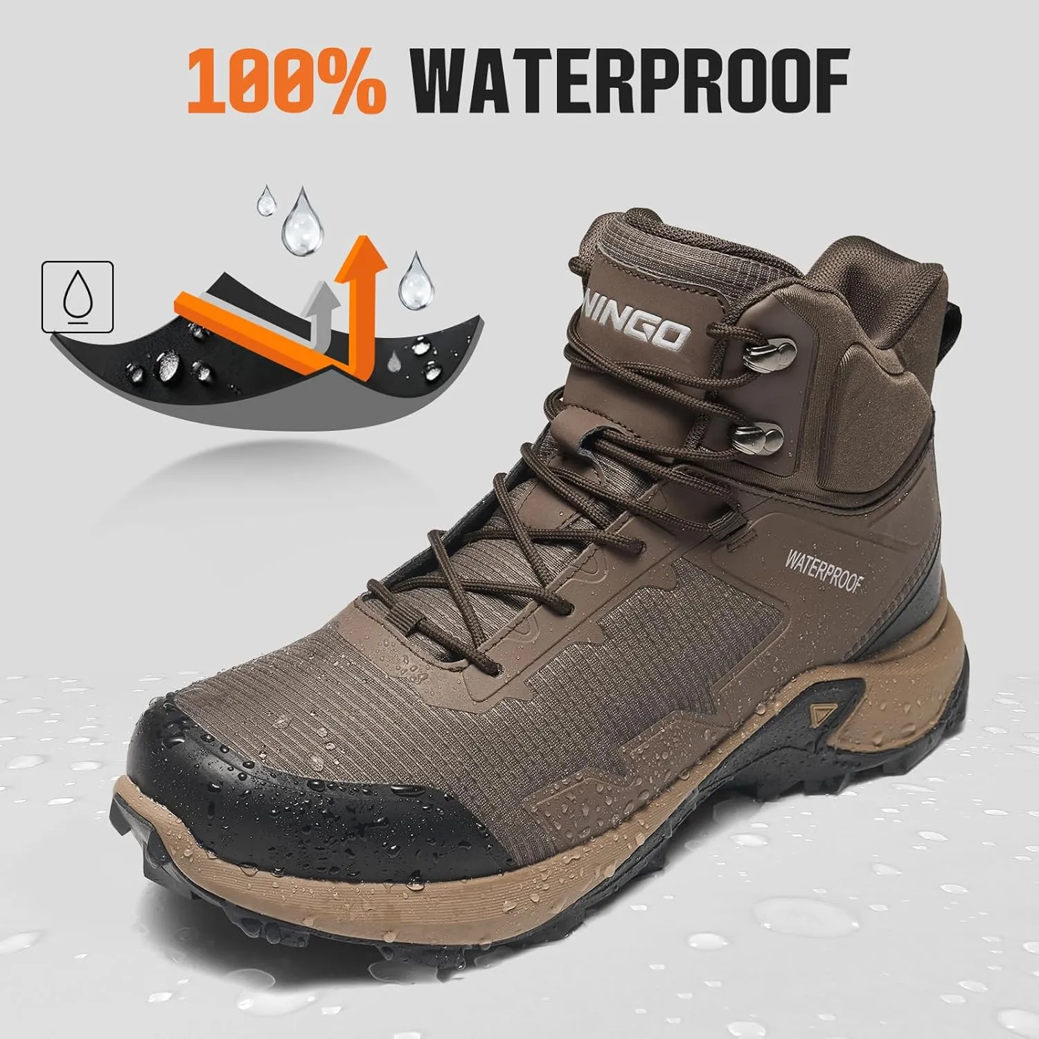 NINGO Men's Hiking Boots Waterproof Hiking Shoes Trail Shoes Lightweight Trekking Boots Comfortable Breathable Outdoor Boot Mid Ankle Boot for Camping, Backpacking, Mountain Trails