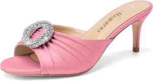 Oh Mispares Women’s Stiletto Heeled Slides Round Open Toe Slip-on Satin Mules Rhinestones 2 Inch Comfortable Dress Sandals for Prom Party Wedding