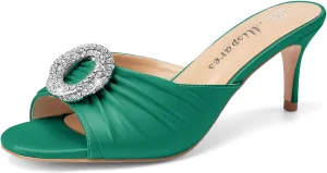 Oh Mispares Women’s Stiletto Heeled Slides Round Open Toe Slip-on Satin Mules Rhinestones 2 Inch Comfortable Dress Sandals for Prom Party Wedding