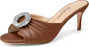 Oh Mispares Women’s Stiletto Heeled Slides Round Open Toe Slip-on Satin Mules Rhinestones 2 Inch Comfortable Dress Sandals for Prom Party Wedding