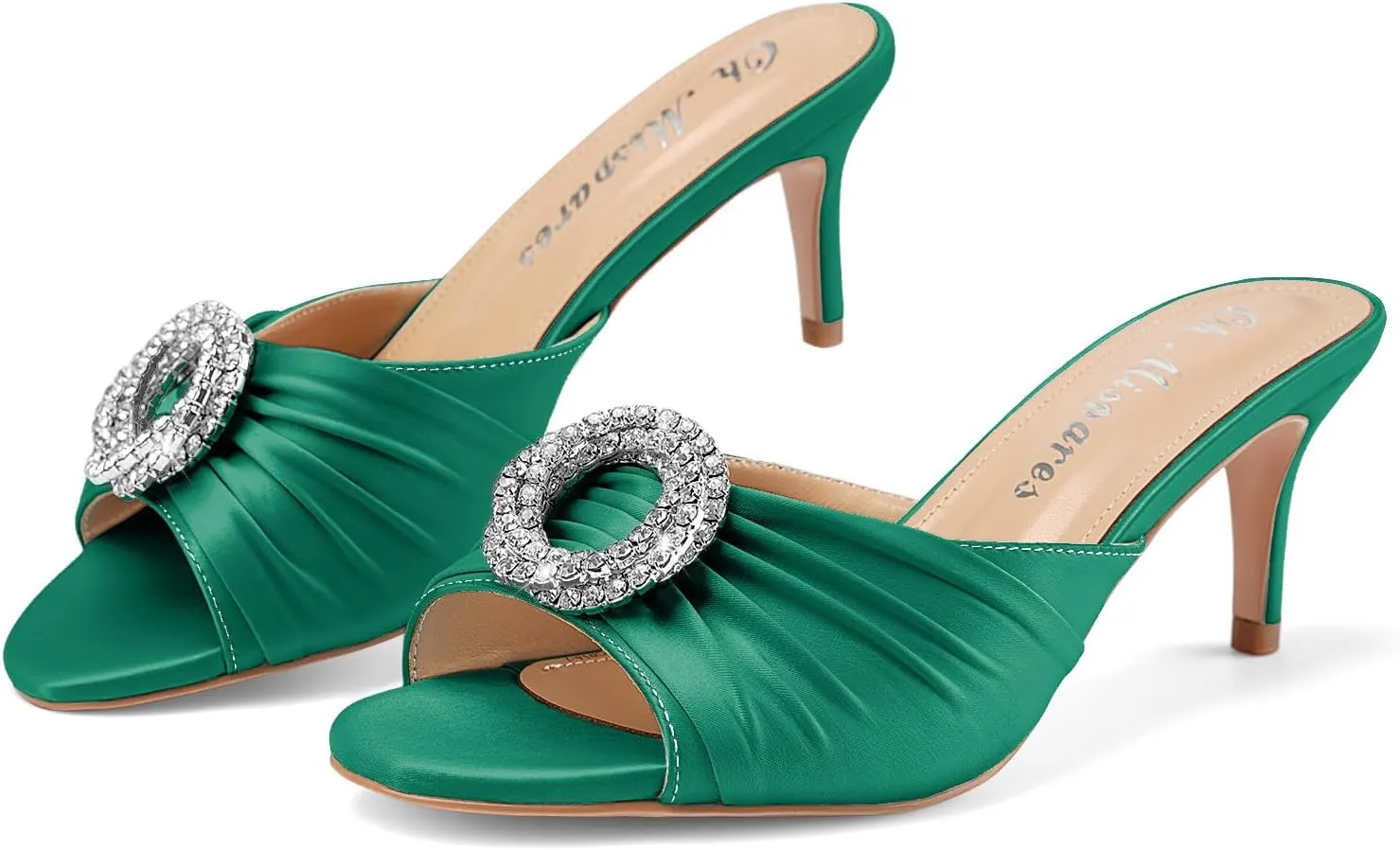 Oh Mispares Women’s Stiletto Heeled Slides Round Open Toe Slip-on Satin Mules Rhinestones 2 Inch Comfortable Dress Sandals for Prom Party Wedding