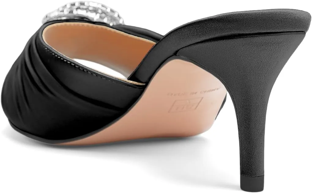Oh Mispares Women’s Stiletto Heeled Slides Round Open Toe Slip-on Satin Mules Rhinestones 2 Inch Comfortable Dress Sandals for Prom Party Wedding
