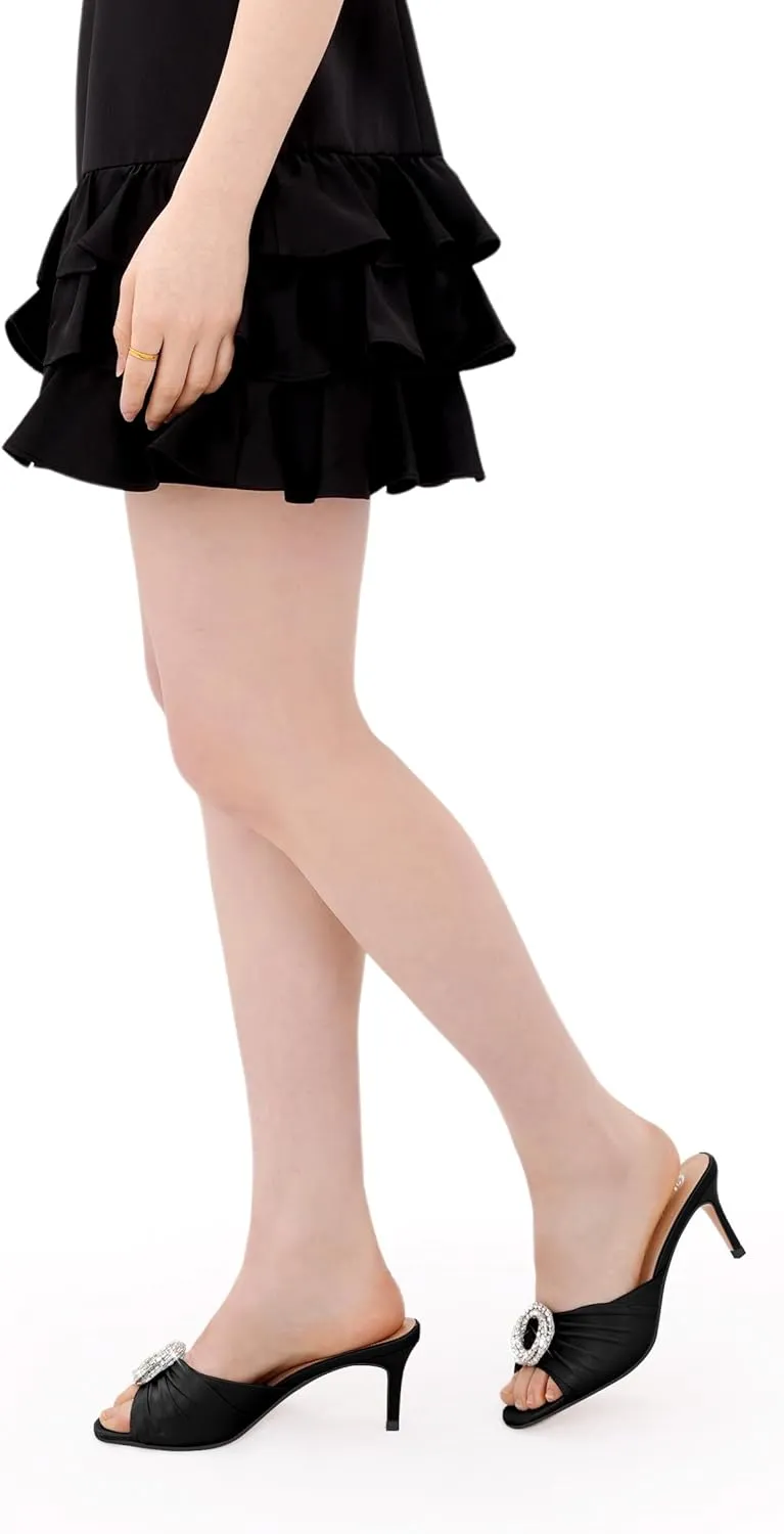 Oh Mispares Women’s Stiletto Heeled Slides Round Open Toe Slip-on Satin Mules Rhinestones 2 Inch Comfortable Dress Sandals for Prom Party Wedding
