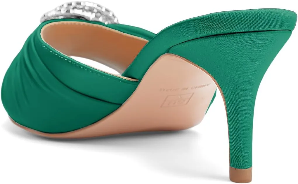 Oh Mispares Women’s Stiletto Heeled Slides Round Open Toe Slip-on Satin Mules Rhinestones 2 Inch Comfortable Dress Sandals for Prom Party Wedding