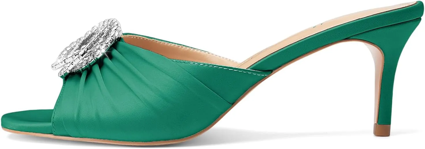 Oh Mispares Women’s Stiletto Heeled Slides Round Open Toe Slip-on Satin Mules Rhinestones 2 Inch Comfortable Dress Sandals for Prom Party Wedding