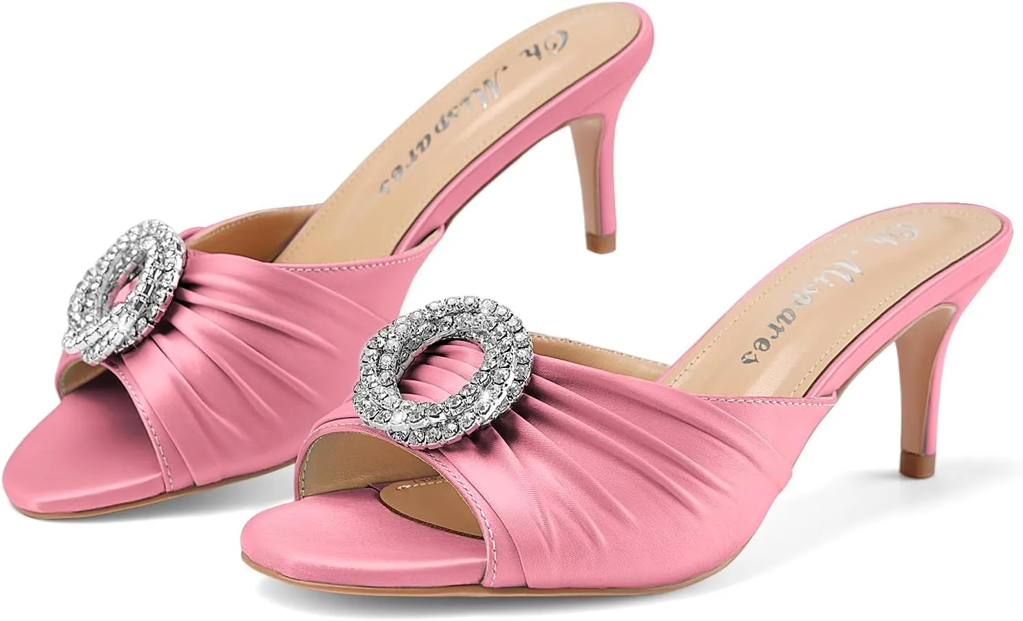 Oh Mispares Women’s Stiletto Heeled Slides Round Open Toe Slip-on Satin Mules Rhinestones 2 Inch Comfortable Dress Sandals for Prom Party Wedding