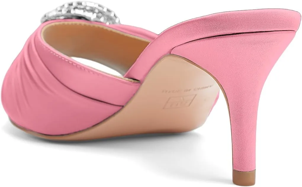 Oh Mispares Women’s Stiletto Heeled Slides Round Open Toe Slip-on Satin Mules Rhinestones 2 Inch Comfortable Dress Sandals for Prom Party Wedding