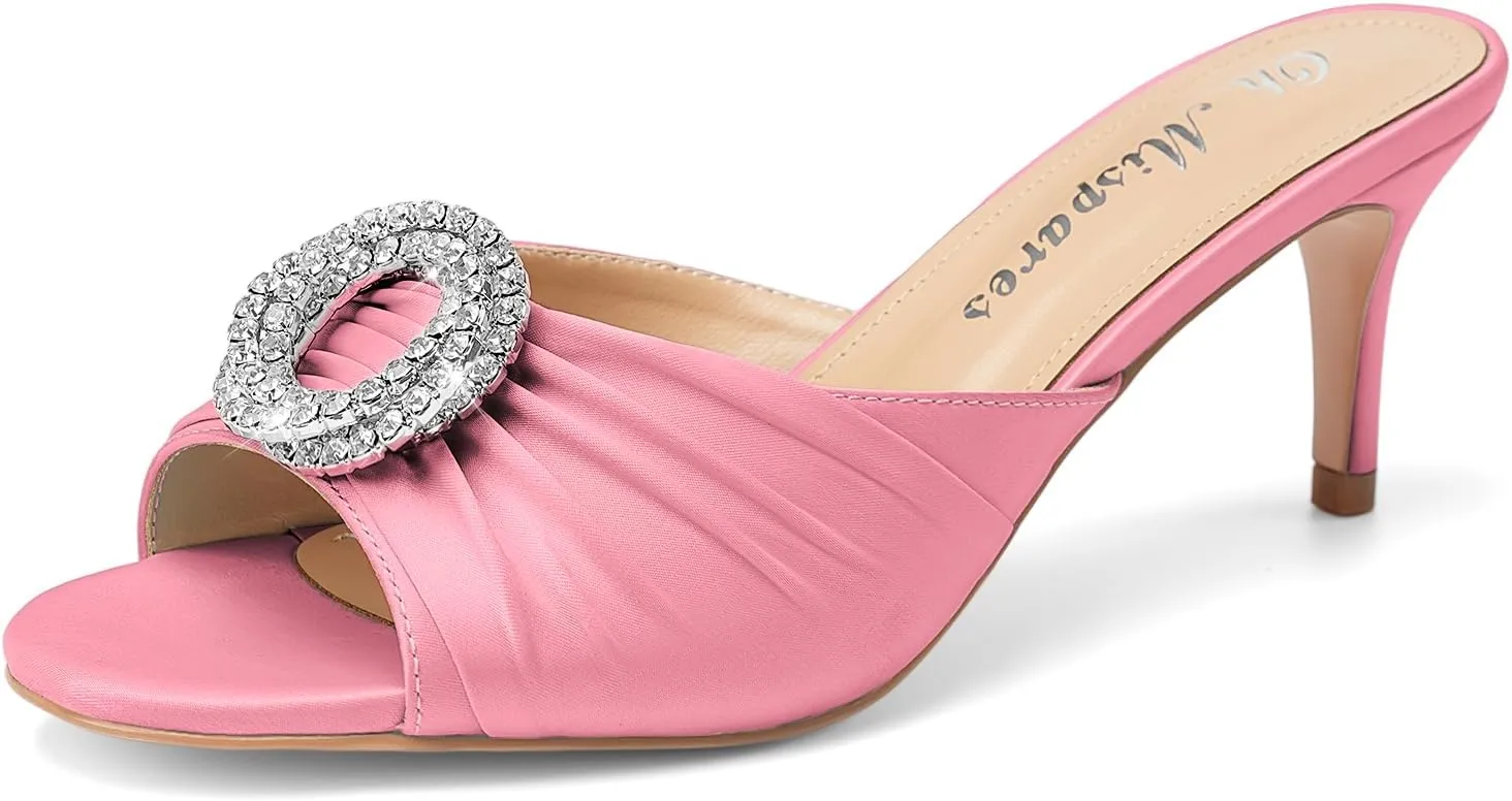 Oh Mispares Women’s Stiletto Heeled Slides Round Open Toe Slip-on Satin Mules Rhinestones 2 Inch Comfortable Dress Sandals for Prom Party Wedding